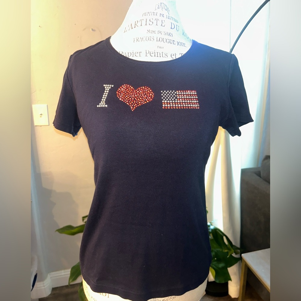 Karen Scott Navy Blue Tee with Heart and Flag Design